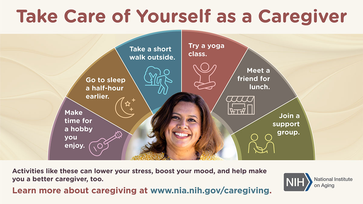 Infographic with the title 'Take Care of Yourself as a Caregiver' and a beige background with a multicolored semicircle containing the following content:
Purple section with a guitar icon and the text 'Make time for a hobby you enjoy.' Brown section with a moon icon and the text 'Go to sleep a half-hour earlier.' Blue section with an icon of a person walking next to a tree with the text 'Take a short walk outside.' Red section with an icon of a person doing a yoga pose and the text 'Try a yoga class.' Gray section with an icon of a cafe and the text 'Meet a friend for lunch'. Green section with an icon of two people holding hands and the text 'Join a support group'. Underneath these sections is an image of a midlife woman with brown hair smiling. At the bottom of the graphic is the text 'Activities like these can lower your stress, boost your mood, and help make you a better caregiver, too. Learn more about caregiving at www.nih.nia.gov/caregiving. Includes the NIH logo.