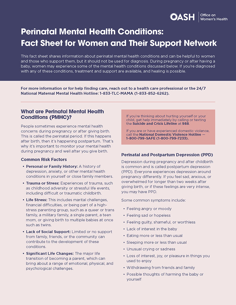 Perinatal Mental Health Conditions: Fact Sheet for Women and Their Support Network